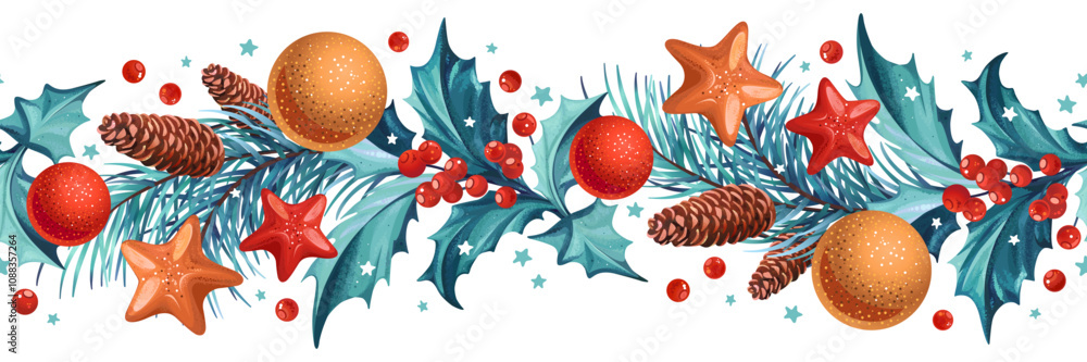 Frame with Christmas decoration - Holly leaves, Christmas tree with cones and stars on a white Background. Seamless pattern.
Frame with Christmas decoration - Holly leaves, Christmas tree with cones and stars on a white Background. Seamless pattern.