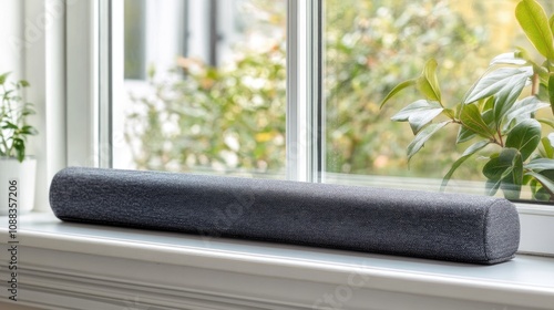 Draft excluder resting on a windowsill designed to prevent cold air infiltration and improve indoor energy efficiency with a backdrop of greenery. photo