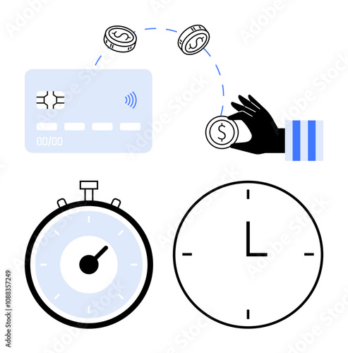 Hand holding coin credit card coins in motion, stopwatch, and clock. Ideal for finance, time management, payment processing, financial transactions, digital banking, efficient money transfer