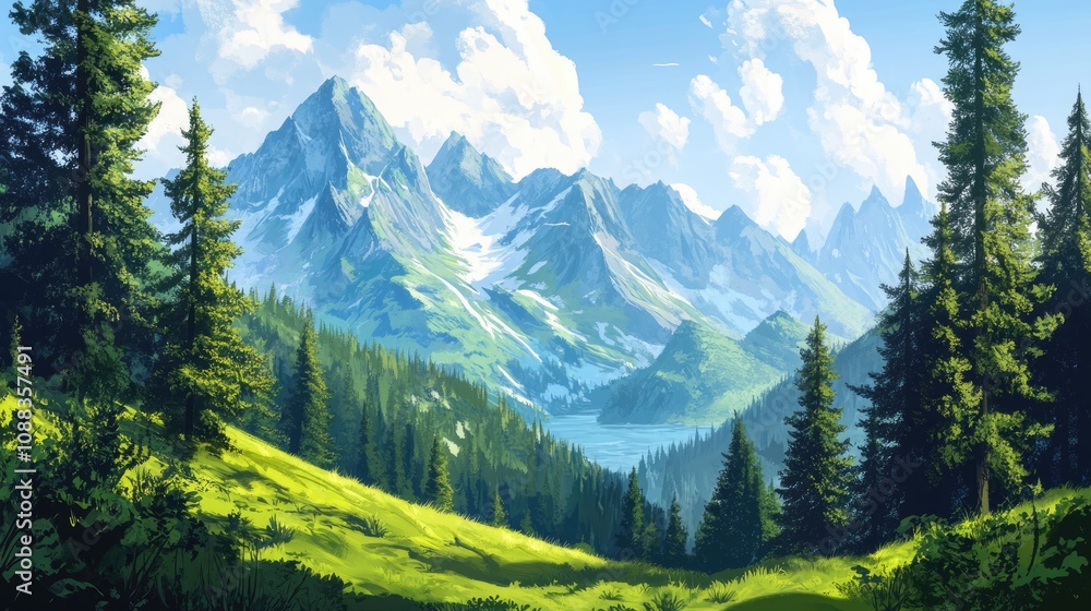 Fototapeta premium Vibrant summer landscape showcasing lush green hills, tall trees, and majestic mountain peaks, ideal for nature enthusiasts and seeking serenity.