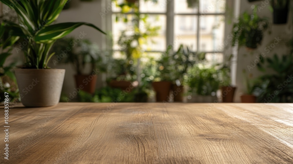 Wooden tabletop with soft focus on lush green plants in the background, creating a serene garden atmosphere through a window. Wooden tabletop with soft focus on lush green plants in the background, creating a serene garden atmosphere through a window.