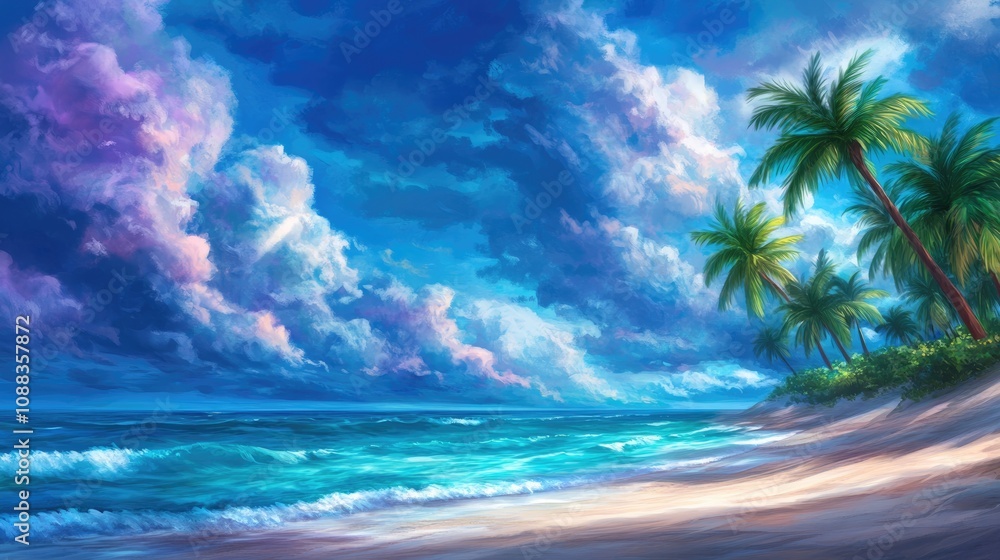Fototapeta premium Tranquil tropical beach scene with soft white sand, lush palm trees, and vibrant turquoise ocean under a picturesque blue sky filled with clouds.