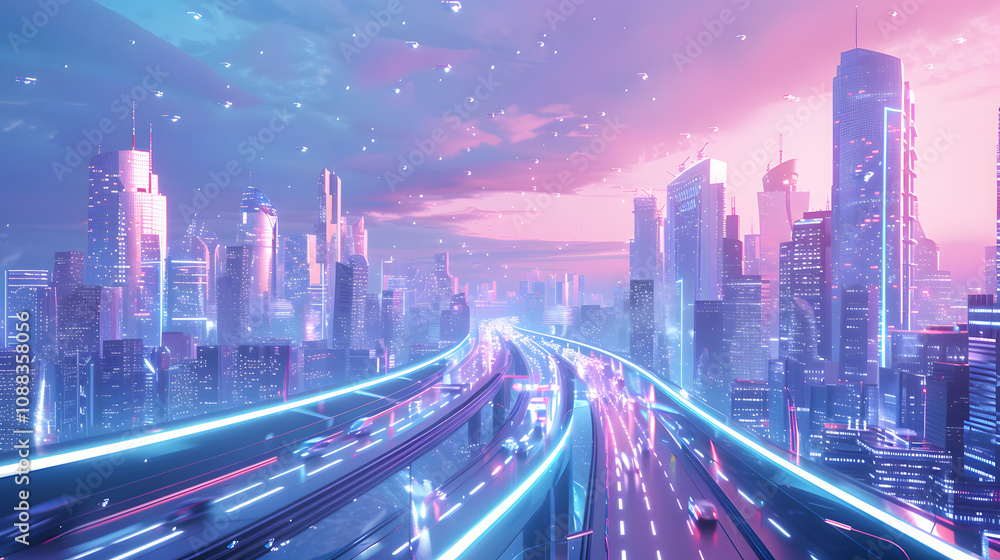 Fototapeta premium Futuristic pastel blue and pink city with a highway and skyscrapers, Futuristic aesthetic modern cityscape, Buildings and a road in the future, a 3d render of a smart city
