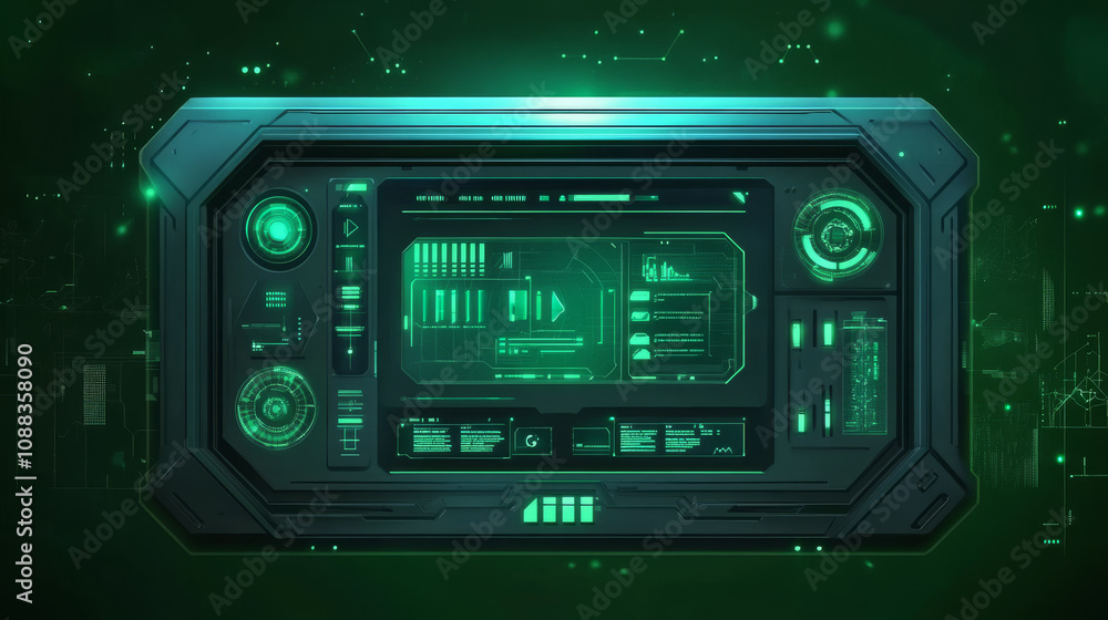A futuristic control panel and menu, shown on a dark green screen. It's designed for animation and is easily customizable. A futuristic control panel and menu, shown on a dark green screen. It's designed for animation and is easily customizable.
