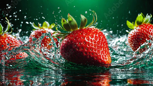 Dynamic water splash exploding around ripe strawberries vivid red and een mouthwatering freshness high speed