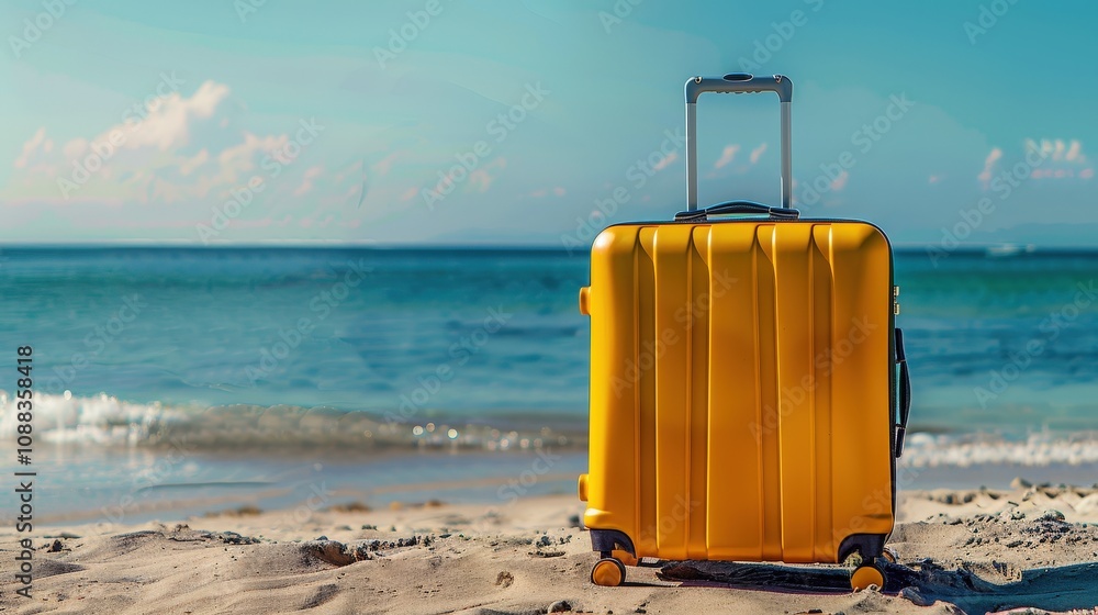 Yellow Suitcase on Sandy Beach by the Ocean Yellow Suitcase on Sandy Beach by the Ocean
