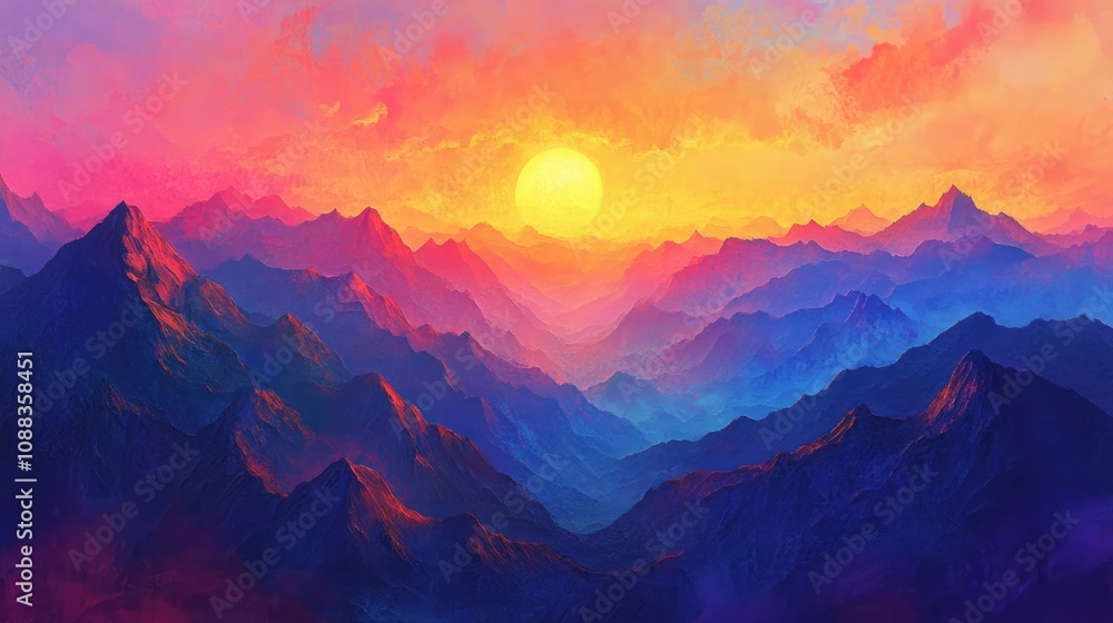Obraz premium Vibrant sunset casting warm hues over layered mountain ridges, highlighting the beauty of nature with a colorful sky and serene landscapes