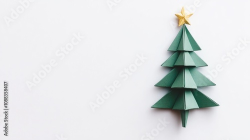 Origami Christmas tree with layered green paper and a gold star on top, positioned on a clean white background for a festive touch.