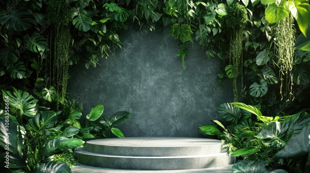 One-eyed podium framed by dense greenery with lush foliage, creating a serene and vibrant nature backdrop for presentations or events One-eyed podium framed by dense greenery with lush foliage, creating a serene and vibrant nature backdrop for presentations or events