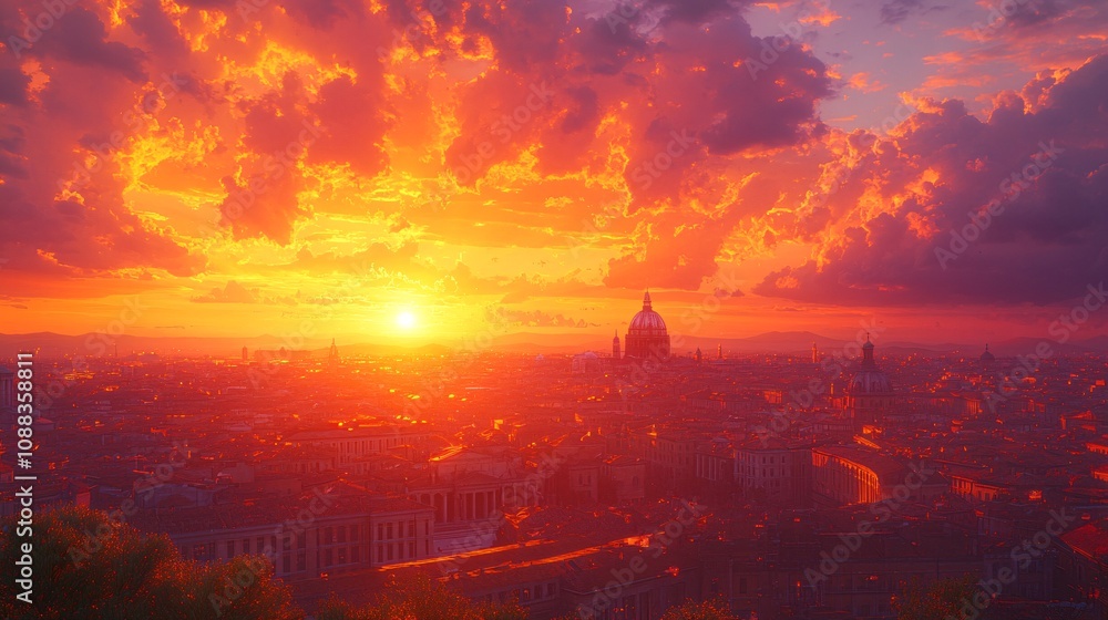 Glowing sunset over a historic city center, white clouds streaked with vivid orange and purple, the warm light reflecting off ancient architecture, Glowing sunset over a historic city center, white clouds streaked with vivid orange and purple, the warm light reflecting off ancient architecture,