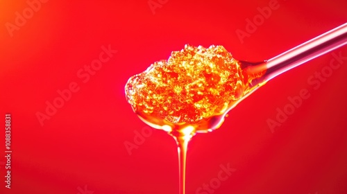 Shimmering live rosin glistening on a metal dab tool, showcased against a striking vibrant red background.