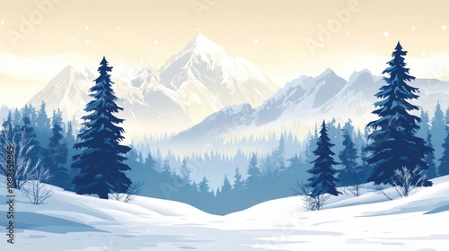 Tranquil winter landscape with snow-covered mountains and tall evergreen trees enveloped in a soft mist under a serene sky.