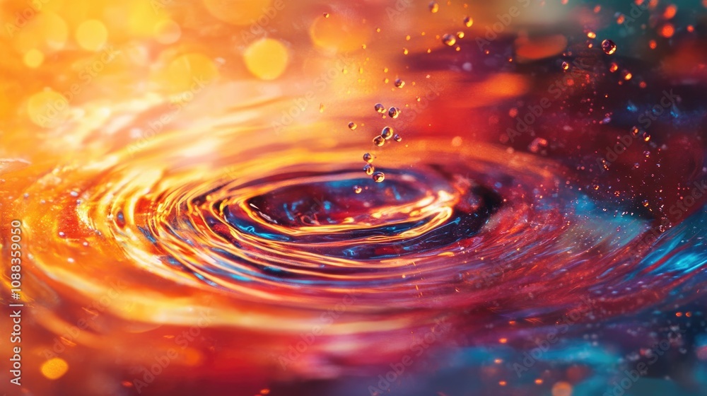 Dynamic close-up of a single droplet creating ripples on a vivid multicolored surface with vibrant reflections, capturing a serene and dynamic moment, water ripple, vibrant reflections. Dynamic close-up of a single droplet creating ripples on a vivid multicolored surface with vibrant reflections, capturing a serene and dynamic moment, water ripple, vibrant reflections.