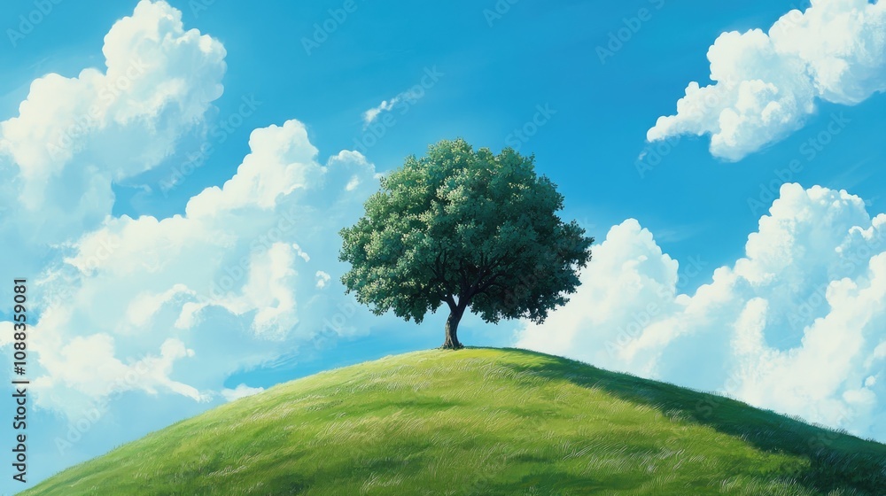 Obraz premium Solitary tree stands proudly on a lush green hill beneath a vibrant blue sky adorned with fluffy white clouds.