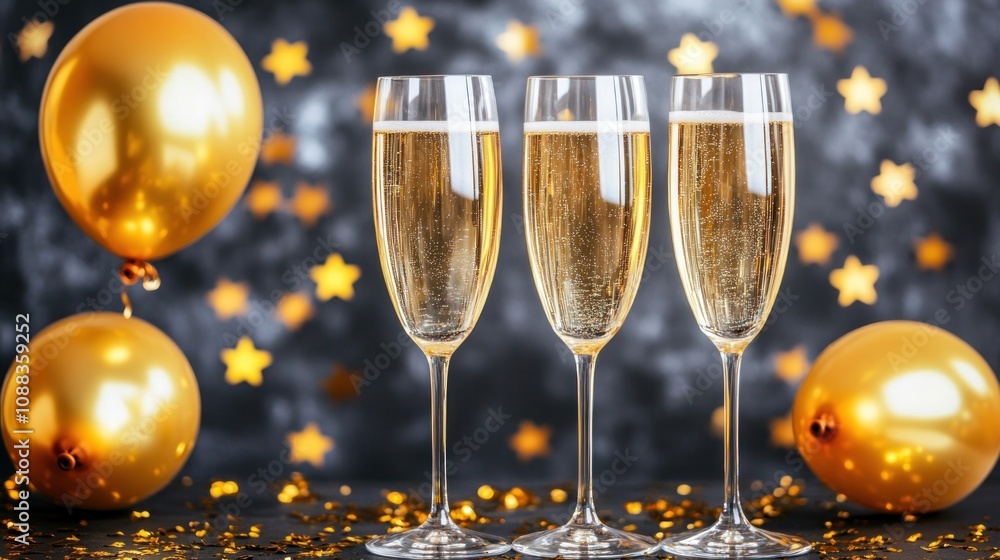 Three champagne flutes with golden balloons and stars, celebrating a festive occasion. Three champagne flutes with golden balloons and stars, celebrating a festive occasion.