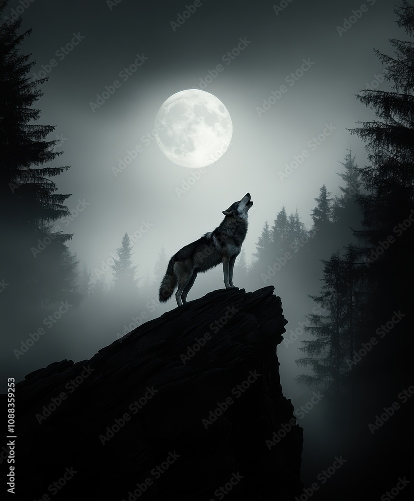Majestic Howling Wolf Silhouetted Against a Full Moon in a Misty Forest, Capturing the Essence of Nature's Beauty and Mystery Majestic Howling Wolf Silhouetted Against a Full Moon in a Misty Forest, Capturing the Essence of Nature's Beauty and Mystery