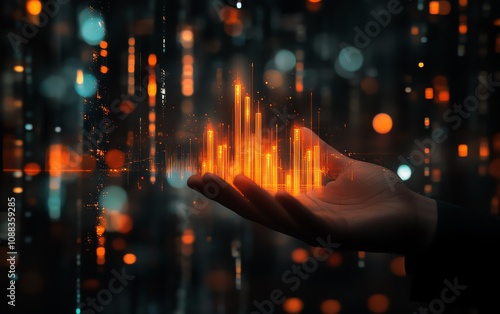 Businessman hand pointing at glowing candlestick forex chart, blurry office background, financial trends, market concept, double exposure design photo