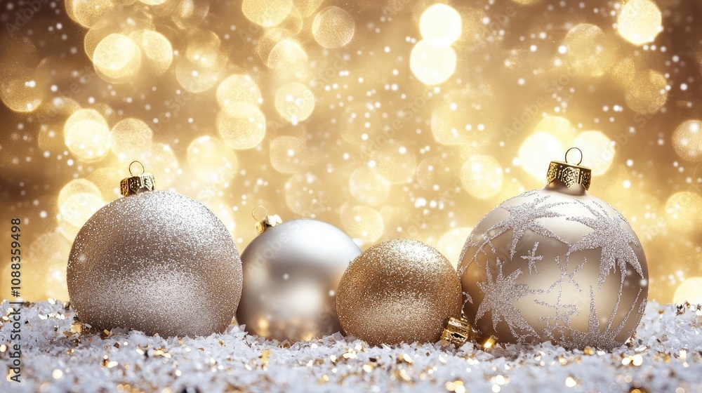 Sparkling holiday ornaments in silver and gold set against a shimmering bokeh backdrop, creating a warm festive atmosphere with snow-like decorations. Sparkling holiday ornaments in silver and gold set against a shimmering bokeh backdrop, creating a warm festive atmosphere with snow-like decorations.