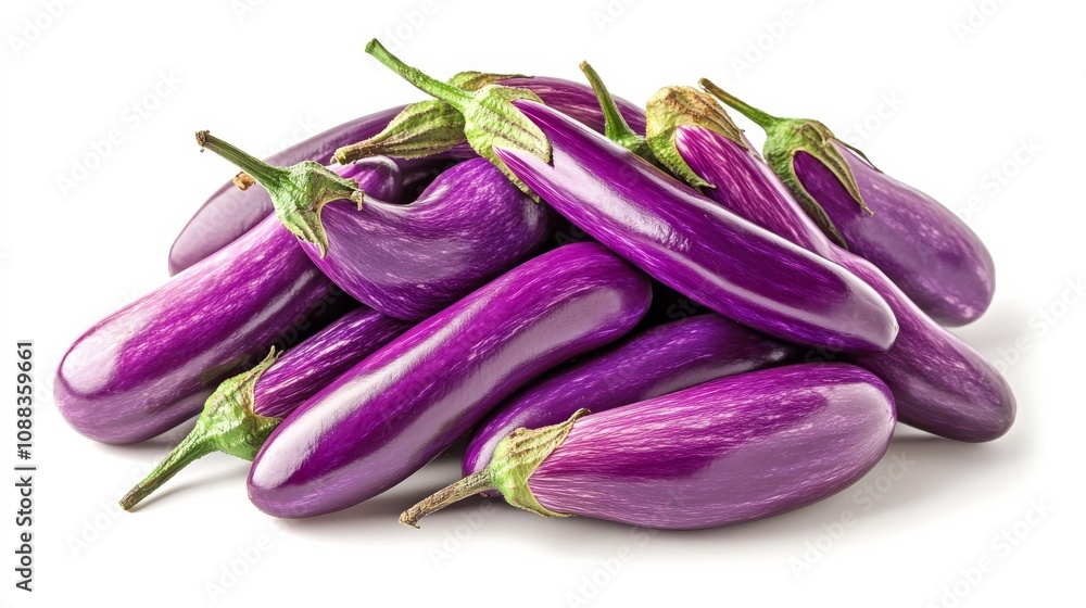 A bunch of vibrant, purple eggplants arranged in an enticing arrangement, Their smooth skins hinting at their creamy texture A bunch of vibrant, purple eggplants arranged in an enticing arrangement, Their smooth skins hinting at their creamy texture