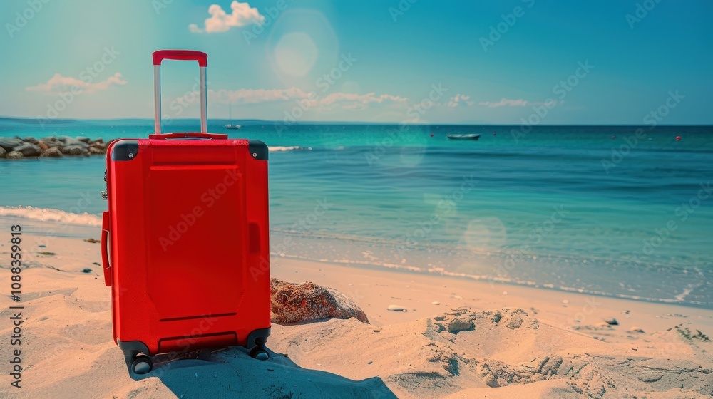 Bright Red Suitcase on Tropical Beach Setting Bright Red Suitcase on Tropical Beach Setting