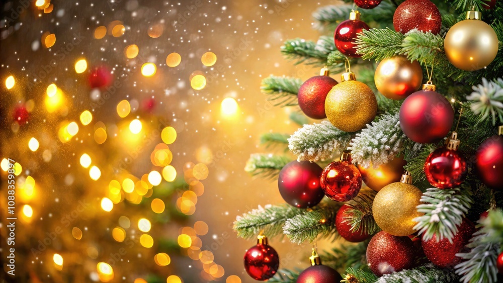 Obraz premium Festive Christmas Tree with Red and Gold Ornaments in a Winter Wonderland Setting, Perfect for Holiday Celebrations and Seasonal Decorations