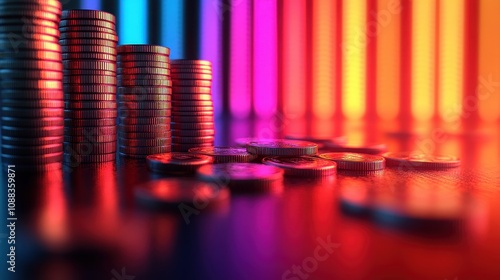 Vibrant Stacks of Coins with Colorful Neon Lights Reflecting on a Glossy Surface in a Modern Financial Concept