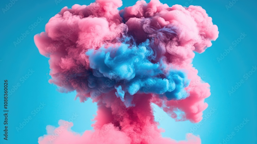 Fototapeta premium Vibrant abstract smoke clouds blend blue and pink hues, forming a visually striking backdrop against a bright turquoise background.
