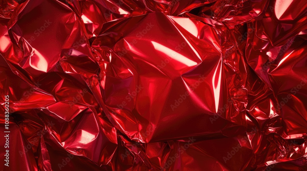 Crumpled red aluminum foil creating a textured, shiny surface with intricate folds and creases, emphasizing the vibrant metallic color. Crumpled red aluminum foil creating a textured, shiny surface with intricate folds and creases, emphasizing the vibrant metallic color.
