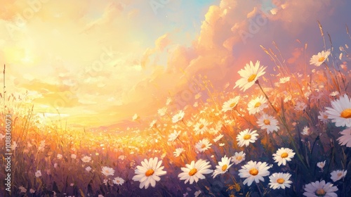 Radiant summer sunrise casting golden light over a vibrant field of daisies under a colorful sky with soft clouds and lush greenery.