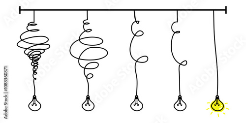 Doodle lightbulbs idea icon. simplifying the complex, confusion clarity or path vector idea concept with lightbulbs. vector illustration