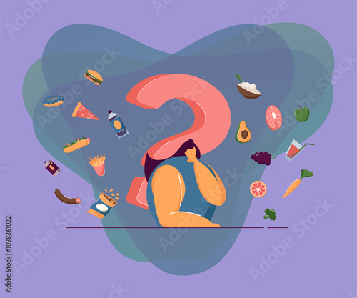 Organic vs junk food. Woman thinking over snack, choosing healthy or unhealthy food. Vector illustration for lifestyle, healthcare, good or bad choice, diet, nutrition concept
