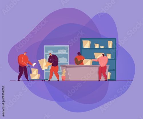 Post worker giving package to customer in post office flat vector illustration. Cartoon couriers removing boxes from handcart. Delivery service, logistics and mail shipping concept