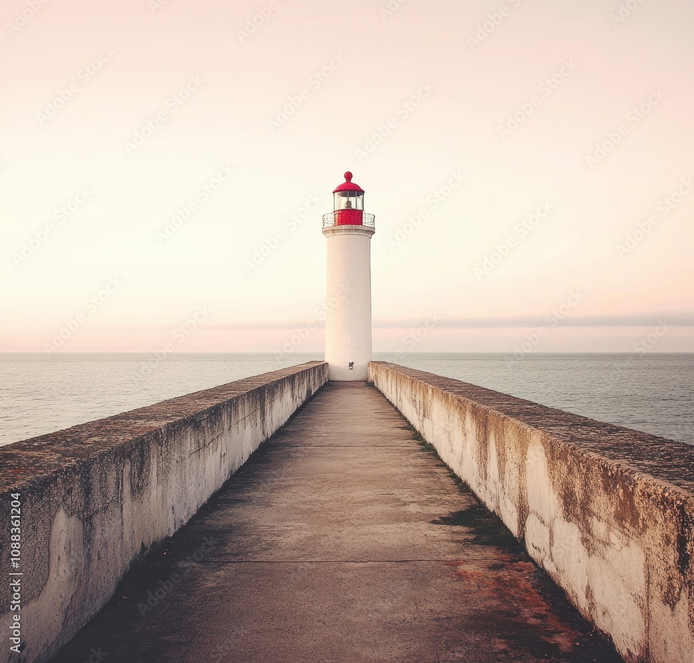 A lone lighthouse stands tall at the end of a long pier, with a calm ocean in the background, as the sun sets on the horizon. A lone lighthouse stands tall at the end of a long pier, with a calm ocean in the background, as the sun sets on the horizon.