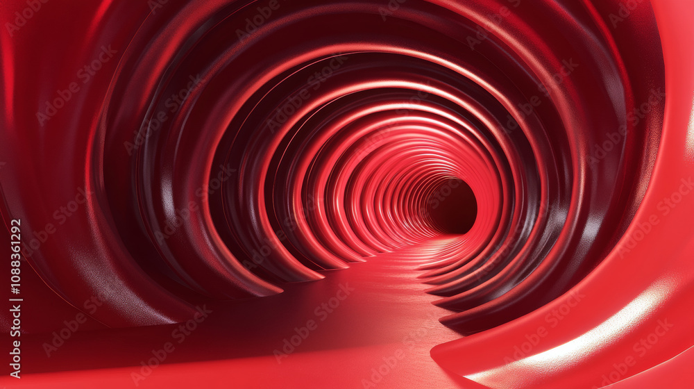 A red, 3D-rendered tunnel with a ring-shaped base is continuously looping. A red, 3D-rendered tunnel with a ring-shaped base is continuously looping.