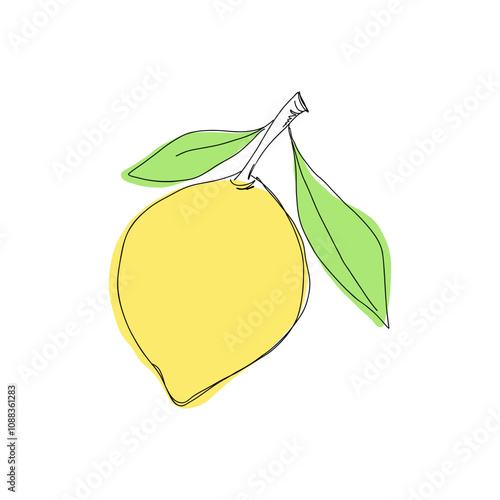 Illustration of a yellow lemon with a contour drawn by hand on a twig with leaves, isolated on a white background, vector. Decorative citrus element is an ingredient for decoration, labels for decorat