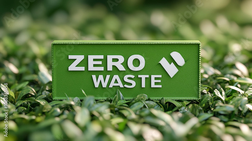 A green rectangle logo shows "ZERO WASTE" crossed out. It's an eco-friendly symbol.