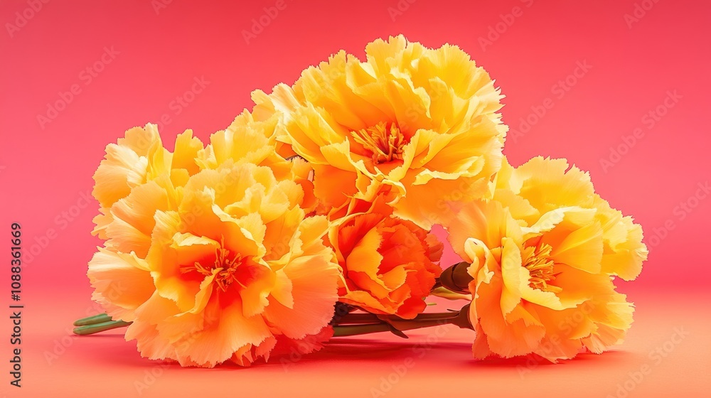 Vibrant yellow carnation bouquet set on a pink background, ideal for bridal themes or enhancing online blog aesthetics. Vibrant yellow carnation bouquet set on a pink background, ideal for bridal themes or enhancing online blog aesthetics.