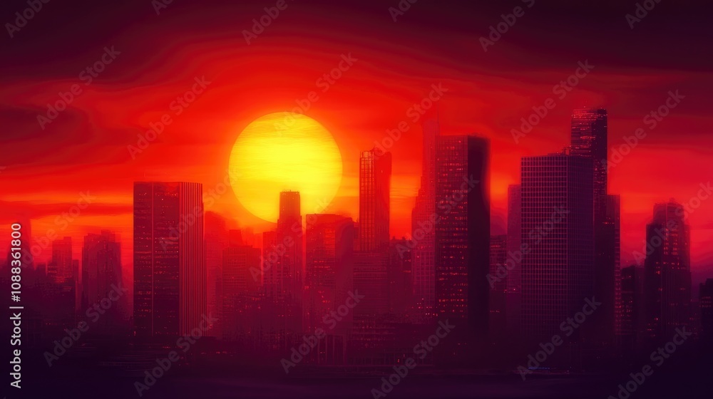 Vibrant sunset casting warm hues over a modern city skyline, featuring silhouetted skyscrapers against a striking orange and red sky. Vibrant sunset casting warm hues over a modern city skyline, featuring silhouetted skyscrapers against a striking orange and red sky.