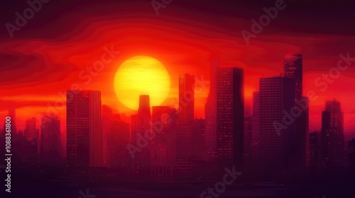 Vibrant sunset casting warm hues over a modern city skyline, featuring silhouetted skyscrapers against a striking orange and red sky.