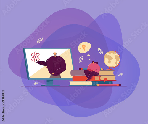 Student learning physics online, watching webinar, taking distance course. Person studying from home. Teacher giving video seminar on internet. For distance education, knowledge concept
