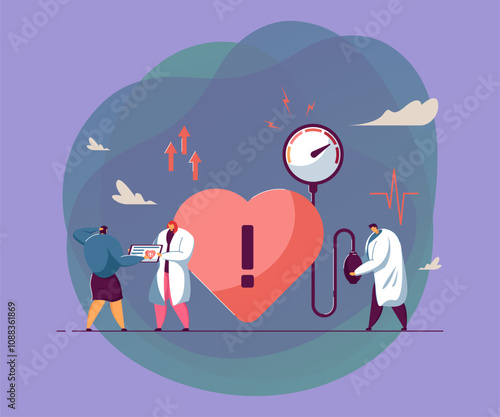 Tiny doctors treating heart disease. Medical checkup, high blood pressure, cardiology flat vector illustration. Medicine, diagnosis, examination concept for banner, website design or landing web page