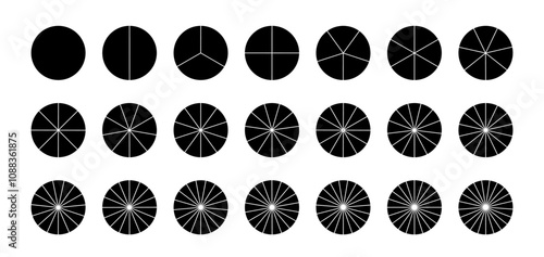 Circular chart with 21 sectors, pie or pizza slice icon. Wheel division into fractions. Vector black illustrations