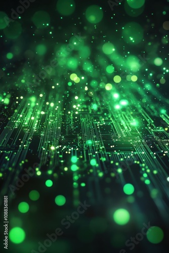 Futuristic Digital Landscape with Glowing Green Circuitry and Bokeh Lights in a Cybernetic Environment