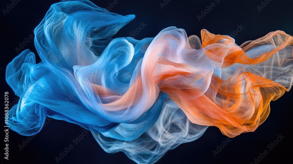 Fototapeta premium Vibrant swirling patterns of blue, orange, and pink inks gracefully undulating against a striking dark backdrop, creating an elegant visual spectacle.