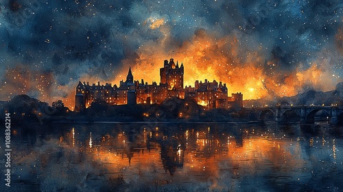 Vibrant Watercolor of Scottish Castle Illuminated at Night photo