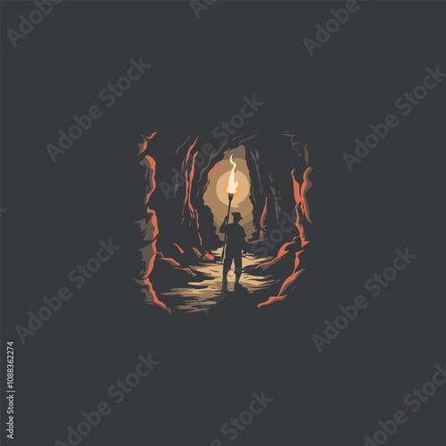 Man with torch in the cave design vector