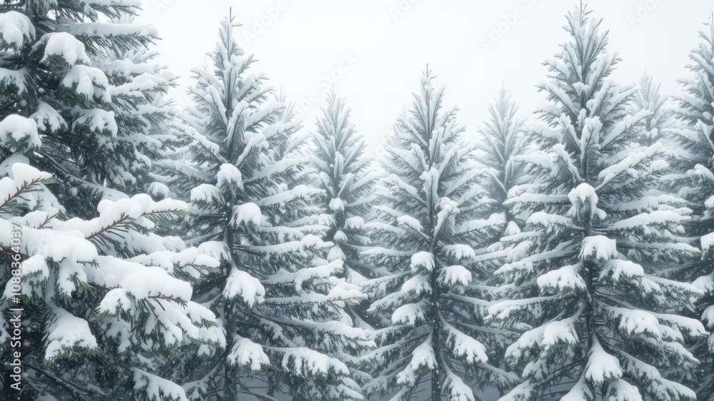 Snow-covered pine trees in a winter wonderland with soft, falling snowflakes, snowflakes, season Snow-covered pine trees in a winter wonderland with soft, falling snowflakes, snowflakes, season