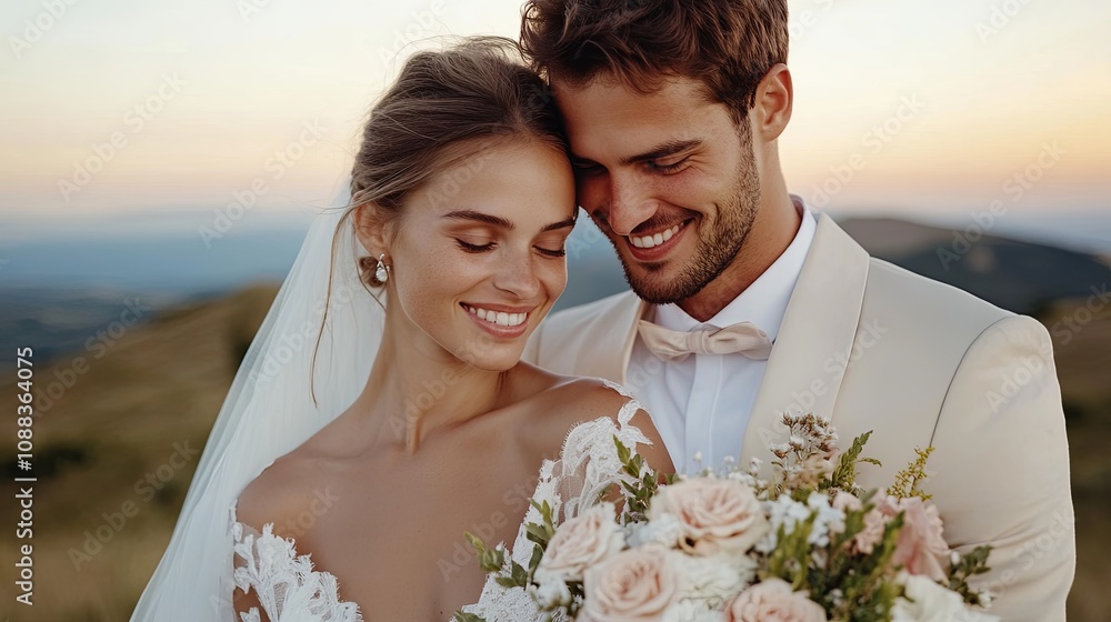 Romantic Couple Embracing at Sunset on Hilltop Romantic Couple Embracing at Sunset on Hilltop