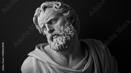 Close-up of a marble bust of a man with a beard, looking down.