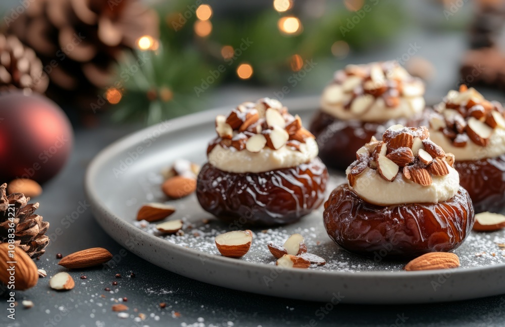 Christmas Plate of Dates with Cream Cheese and Almonds on Top Christmas Plate of Dates with Cream Cheese and Almonds on Top